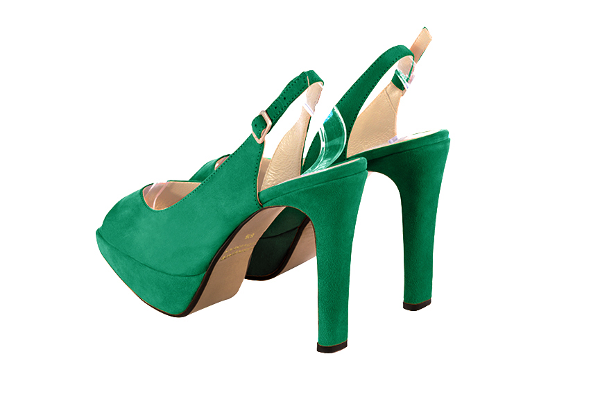 Dress heels peep-toe slingback in emerald green leather with high slim heels with a platform at the front and round toe - Rear view
